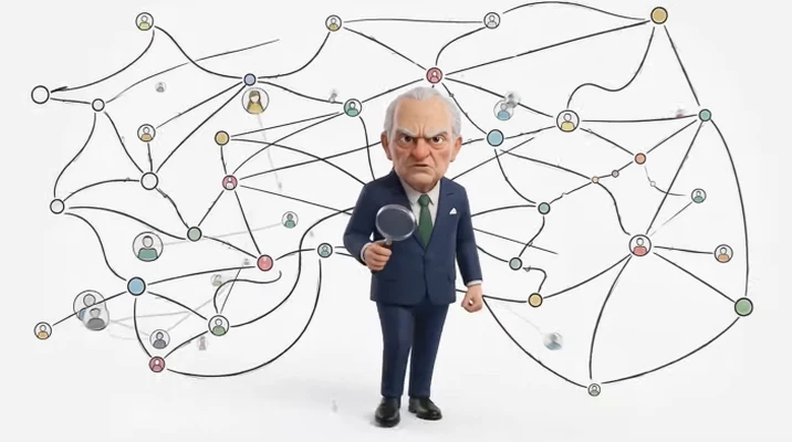Ilustração do Robô Antunes com uma lupa, diante de um grafo de conexões entre pessoas, representando a rede de influências mapeada pelo Antessala