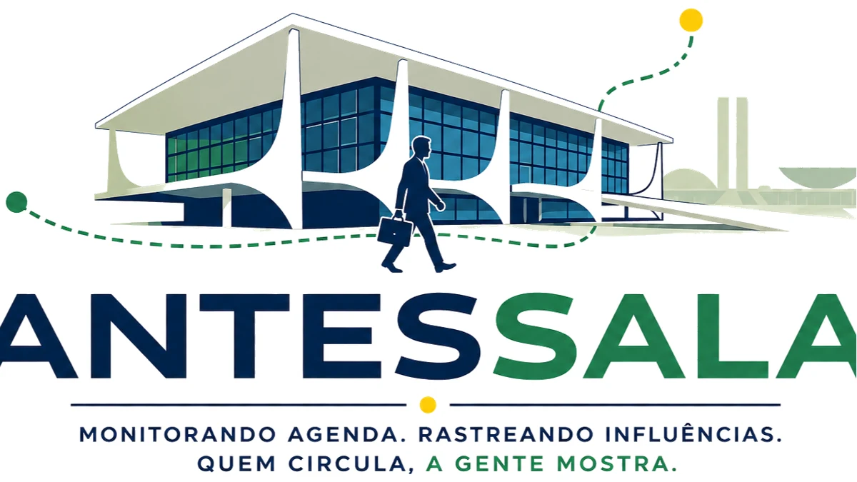 Logo do projeto Antessala, com ilustração do Palácio do Planalto e a frase Monitorando agenda. Rastreando influências. Quem circula, a gente mostra.