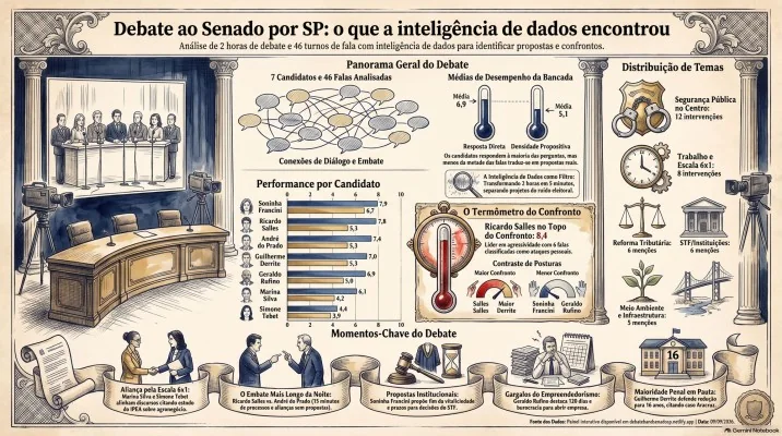 Infográfico com o desempenho de cada candidato no debate: resposta direta, densidade propositiva e grau de confronto