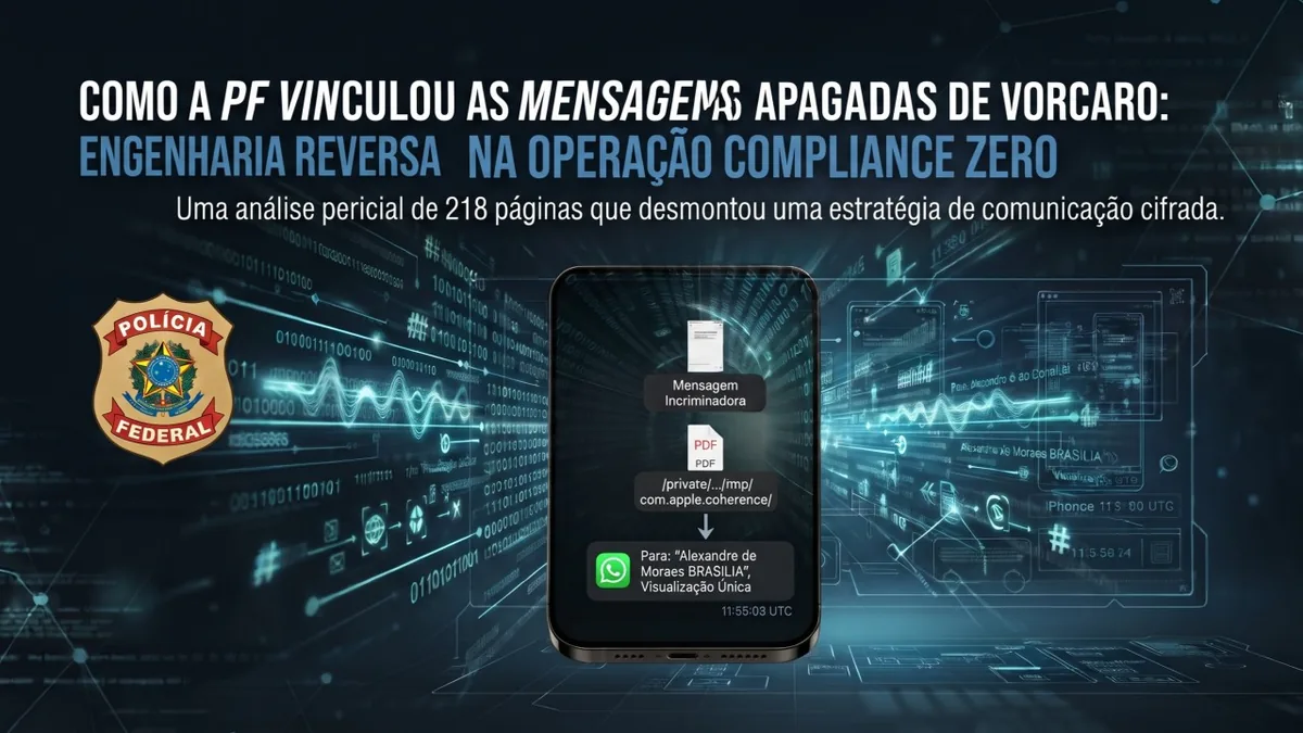 Ilustração de um smartphone sob perícia digital, com fragmentos de dados em torno da tela