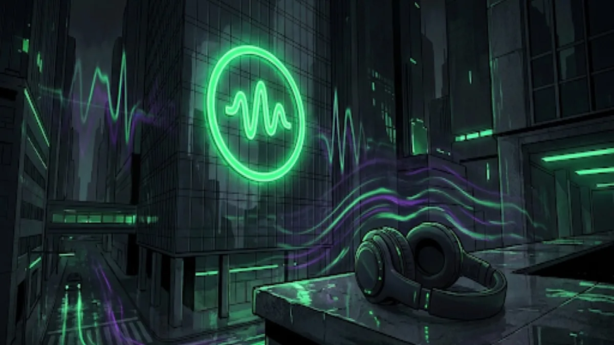 Ilustração de um fone de ouvido diante de uma cidade noturna, com ondas sonoras em neon verde e roxo